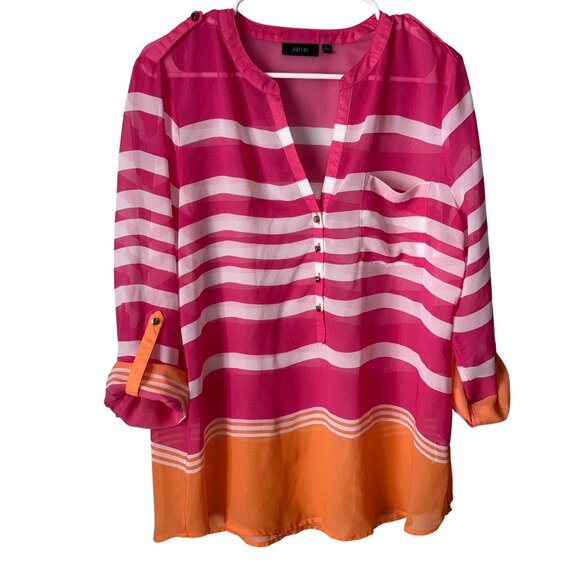 Apt. 9 Womens Pink & Orange Striped Sheer Top Size L - Picture 1 of 6